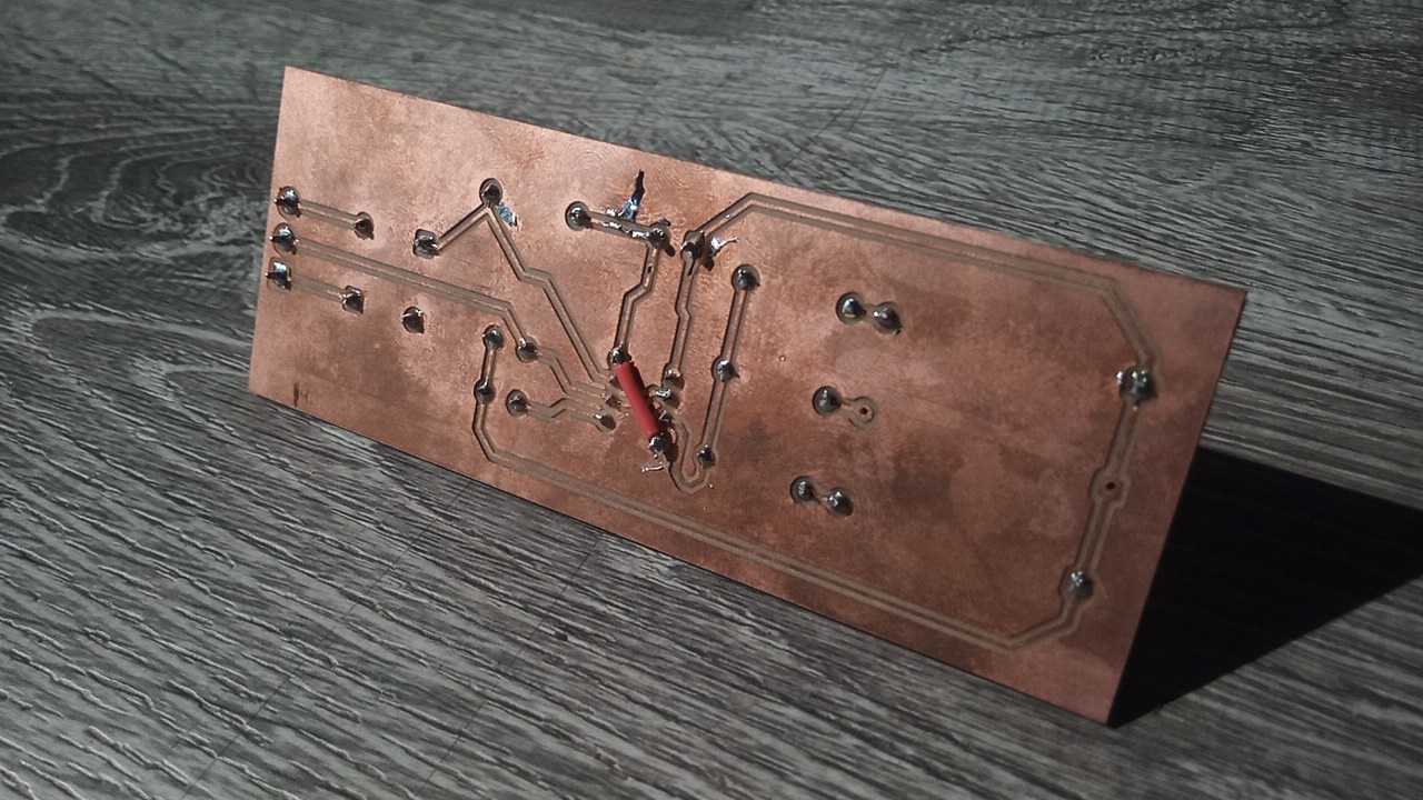 Milled and assembled PCB — back