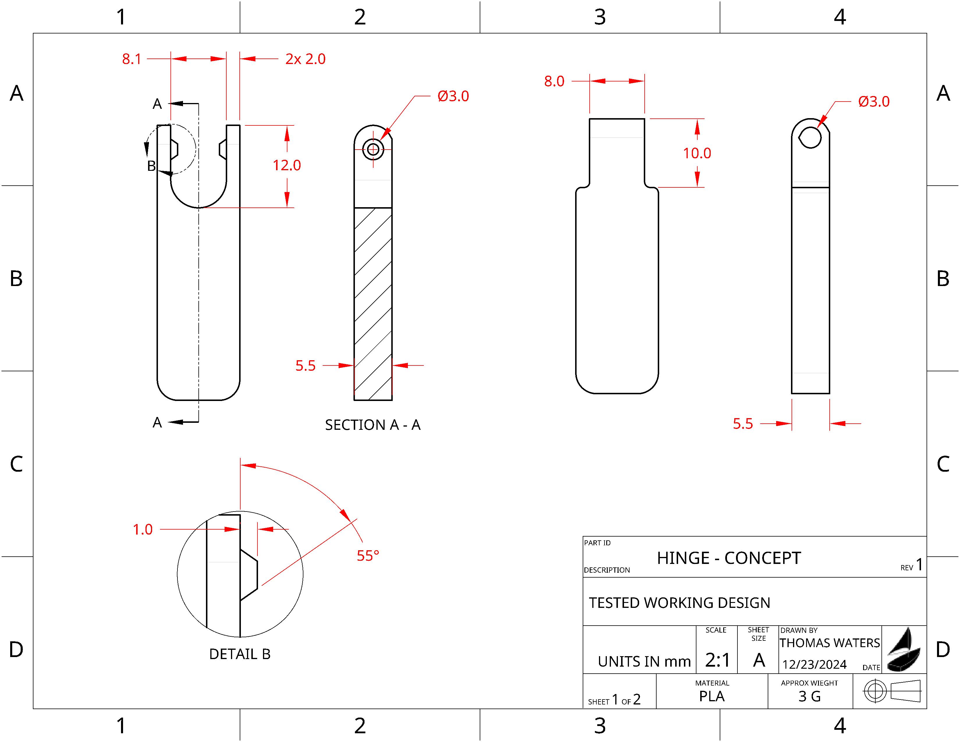 Technical drawing of snap hinge