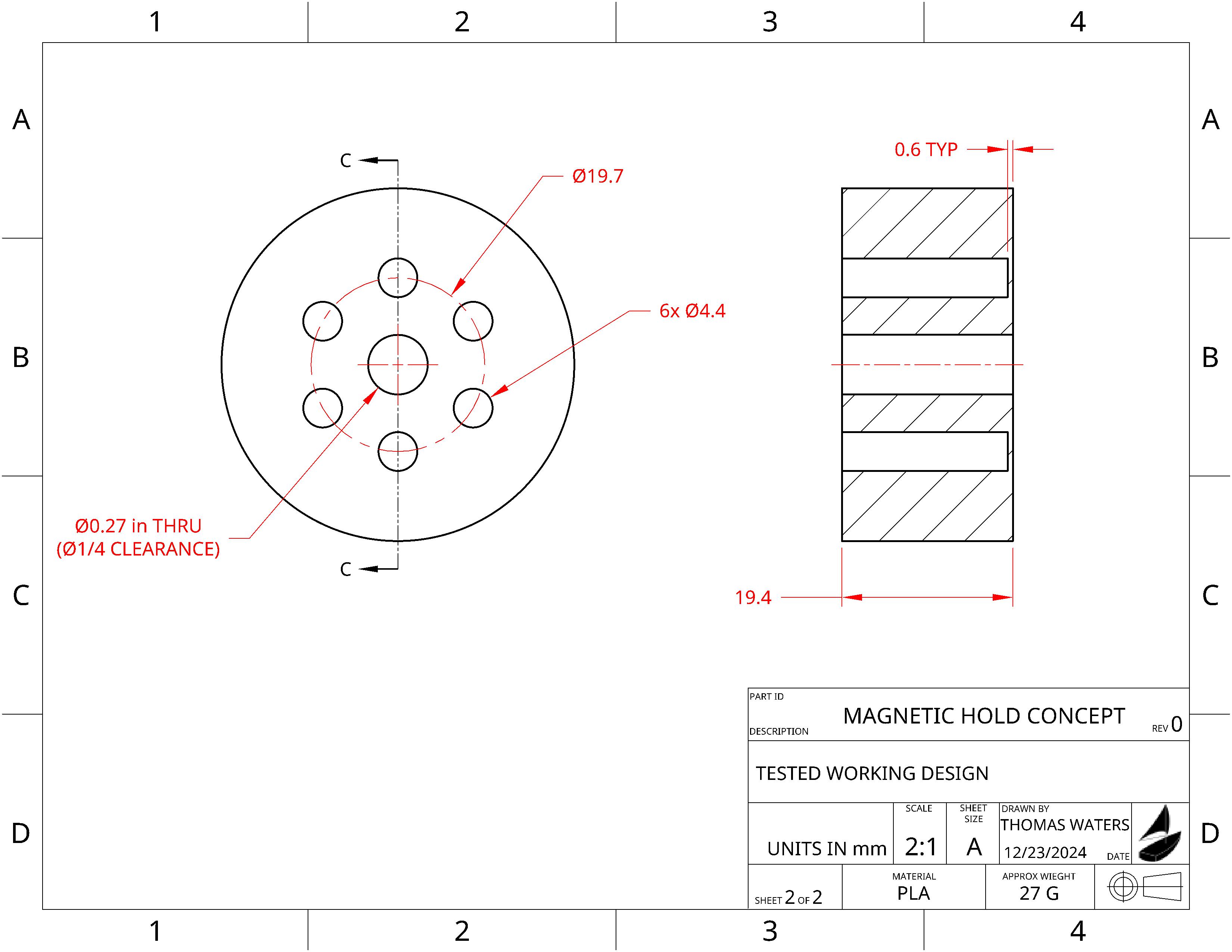 Technical drawing of magnet holder